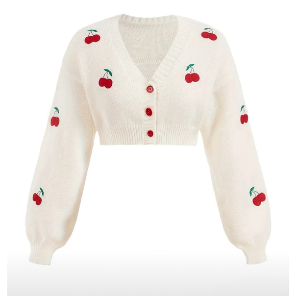 Sweaters - Cherry Embroidered White Cardigan